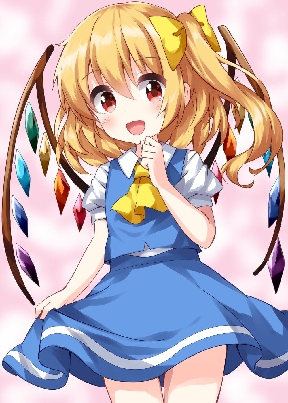 1girl :d ascot bangs blonde_hair blue_skirt blue_vest blush bow commentary_request cosplay cowboy_shot crystal daiyousei daiyousei_(cosplay) eyebrows_visible_through_hair flandre_scarlet flat_chest hair_between_eyes hair_bow hand_on_own_chin hand_up highres looking_at_viewer no_hat no_headwear one-hour_drawing_challenge one_side_up open_mouth pink_background puffy_short_sleeves puffy_sleeves red_eyes ruu_(tksymkw) short_hair short_sleeves simple_background skirt skirt_hold smile solo touhou vest wings yellow_bow yellow_neckwear