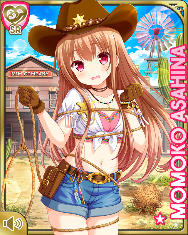 1girl asahina_momoko belt brown_gloves brown_hair brown_headwear building character_name clenched_hands cowboy_hat crop_top denim denim_shorts girlfriend_(kari) gloves hat lasso long_hair midriff navel official_art open_mouth outdoors pink_shirt pouch qp:flapper red_eyes rope sheriff_badge shirt short_shorts shorts solo white_shirt windmill