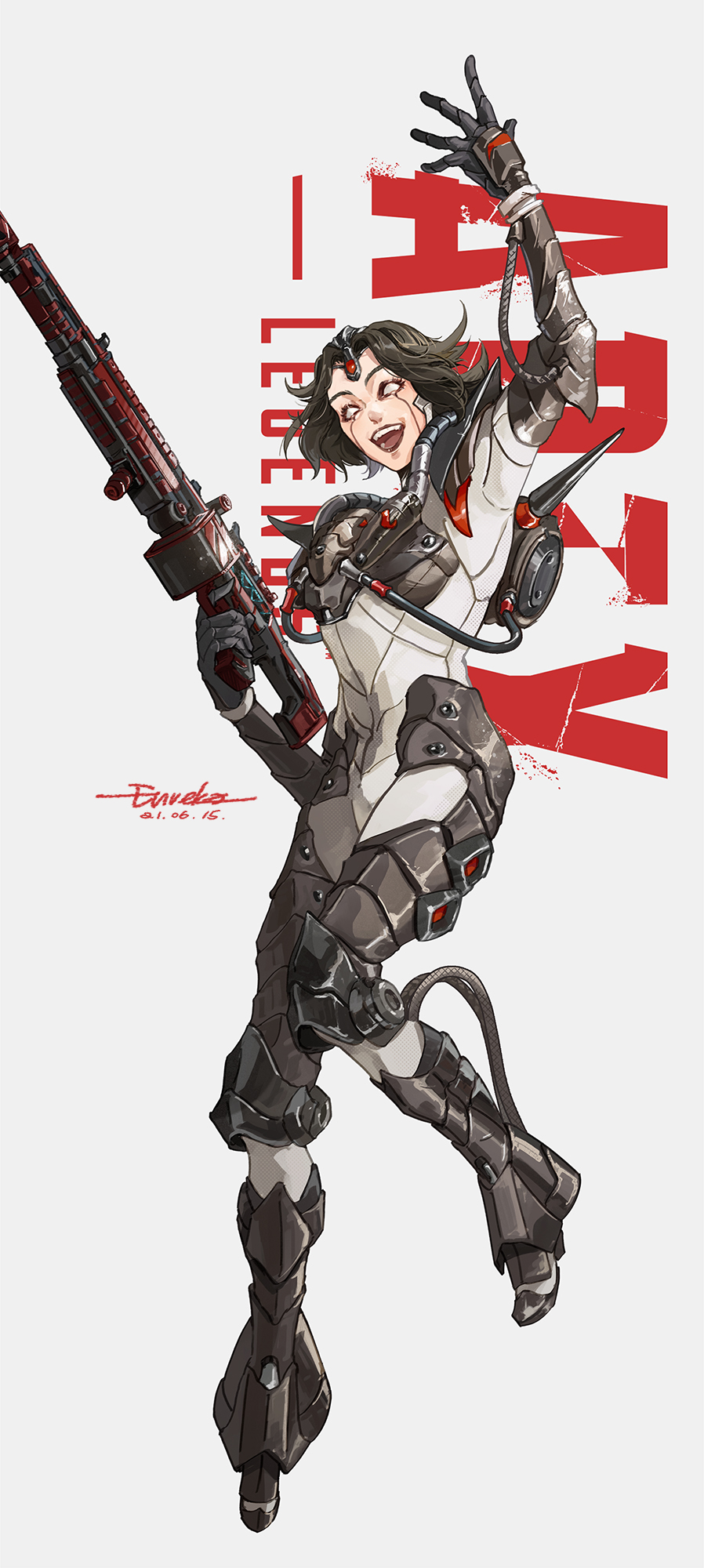 1girl apex_legends black_footwear black_gloves black_hair bodysuit cable copyright_name energy_gun english_commentary eureka1812 gloves grey_bodysuit gun highres holding holding_gun holding_weapon horizon_(apex_legends) light_machine_gun logo metal_boots open_hand open_mouth short_hair smile solo weapon x-55_devotion