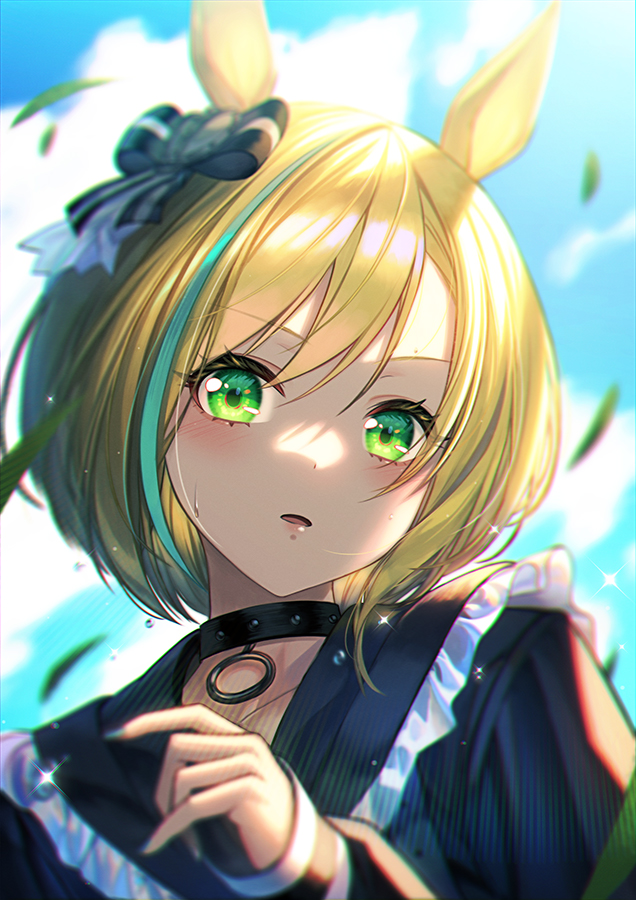 1girl animal_ears black_choker blonde_hair blush choker day eyebrows_visible_through_hair green_eyes horse_ears horse_girl little_cocon_(umamusume) long_sleeves looking_at_viewer open_mouth portrait short_hair solo sparkle umamusume unowen