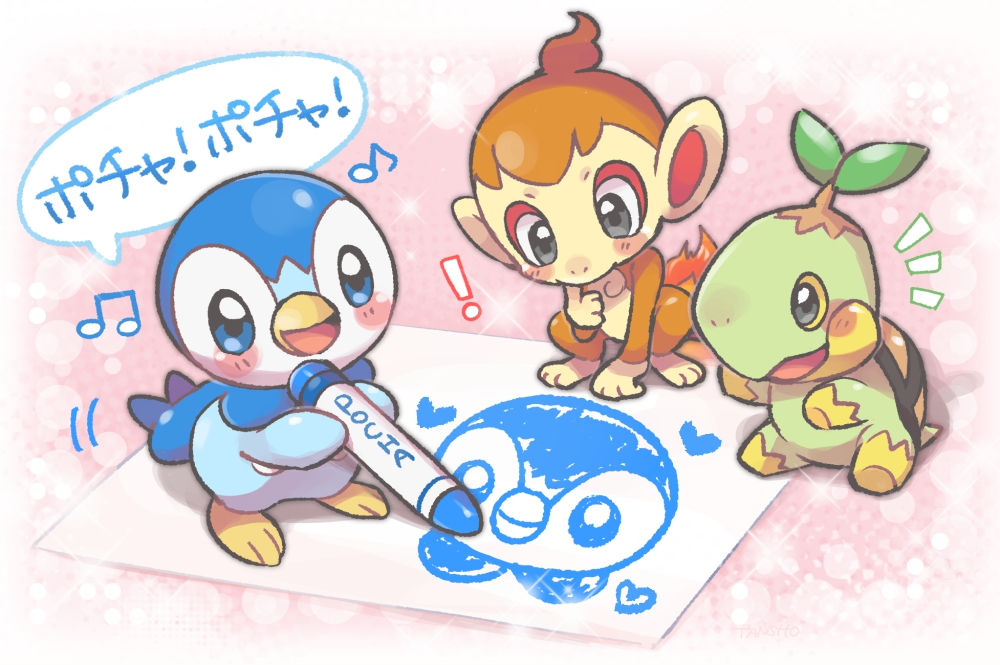 ! blue_eyes blush_stickers character_print chimchar commentary_request crayon grey_eyes holding holding_crayon musical_note no_humans notice_lines open_mouth piplup pokemon pokemon_(creature) sitting squatting starter_pokemon_trio tansho toes tongue turtwig