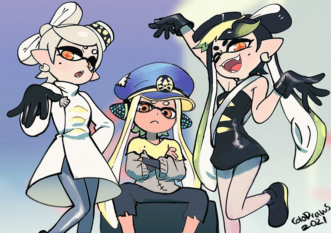 2021 3girls :o agent_3_(splatoon_3) arm_up artist_name bangs bare_shoulders black_dress black_footwear black_gloves black_hair black_pants black_undershirt blonde_hair blue_headwear breasts callie_(splatoon) choker coat colo_(nagrolaz) commentary crossed_arms dress earrings english_commentary fang fangs feet_out_of_frame frown gloves gold_trim grey_legwear grey_shirt hair_ornament hair_up hand_on_hip hand_up hat jewelry looking_at_viewer marie_(splatoon) military_hat mole mole_under_eye multicolored_hair multicolored_shirt multiple_girls one_eye_closed open_mouth orange_eyes pants pantyhose pointy_ears sash shirt short_eyebrows short_hair short_hair_with_long_locks sidelocks simple_background sitting small_breasts smile splatoon_(series) splatoon_3 spread_legs standing strapless swept_bangs symbol-shaped_pupils tentacle_hair thick_eyebrows tied_hair torn_clothes torn_pants two-tone_hair white_choker white_coat white_hair white_legwear white_sash yellow_eyes yellow_shirt