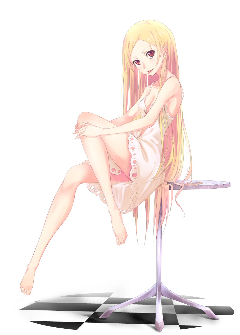 1girl armpits bakemonogatari bangs bare_shoulders barefoot blonde_hair breasts checkered checkered_floor collarbone commentary dress full_body head_tilt highres hugging_own_legs kiss-shot_acerola-orion_heart-under-blade kizumonogatari knee_up long_hair looking_at_viewer looking_to_the_side monogatari_(series) narumi_muran older on_table oshino_shinobu parted_bangs pointy_ears red_eyes sitting sitting_on_table sleeveless sleeveless_dress small_breasts solo sundress table toes turning_head very_long_hair white_dress younger