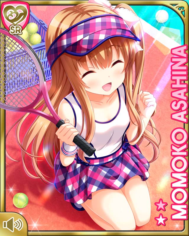 1girl asahina_momoko ball brown_hair character_name closed_eyes girlfriend_(kari) long_hair official_art open_mouth outdoors plaid plaid_skirt qp:flapper racket ribbon side_ponytail skirt smile solo sportswear squatting tank_top tennis_ball tennis_racket tennis_uniform thighs visor_cap white_tank_top