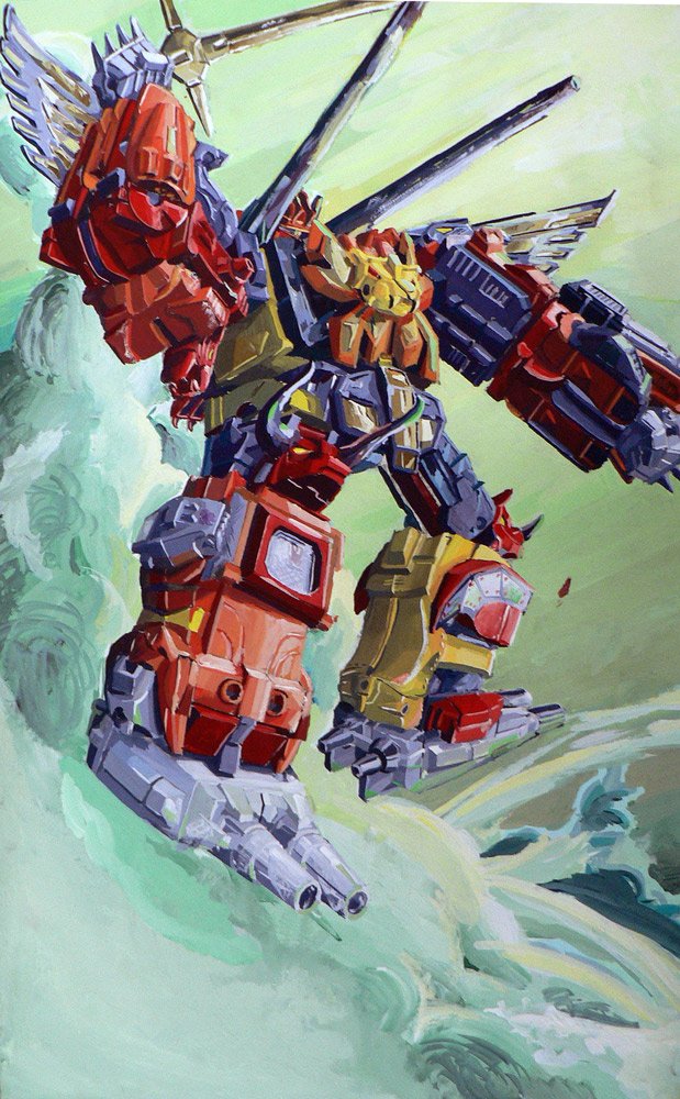 1980s_(style) clenched_hand decepticon holding holding_sword holding_weapon looking_at_viewer marble-v mecha painting_(medium) predaking retro_artstyle shoulder_cannon solo sword traditional_media transformers visor weapon