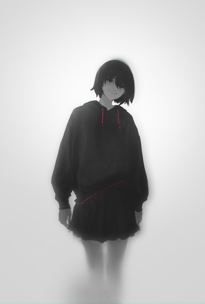 1girl alex-sobolevsky arms_at_sides bangs black_eyes black_hair black_hoodie black_skirt blurry blurry_background blurry_foreground bob_cut closed_mouth commentary drawstring fog hair_over_eyes head_tilt highres hood hood_down hoodie looking_at_viewer monogatari_(series) no_gloves oshino_ougi owarimonogatari pale_skin skirt smile standing white_background