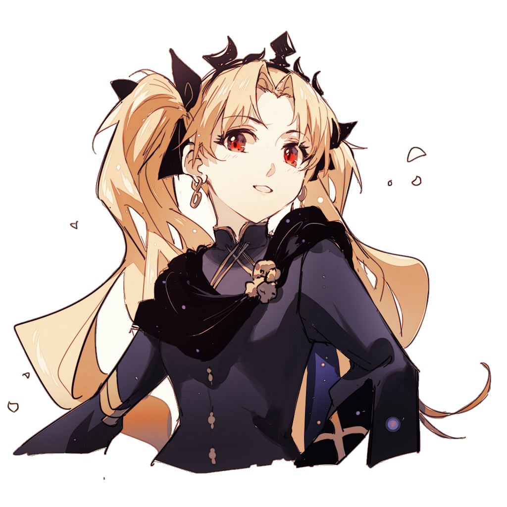 1girl alternate_hairstyle bangs black_dress black_ribbon blonde_hair blush commentary_request crown dress earrings ereshkigal_(fate) eyebrows_visible_through_hair fate/grand_order fate_(series) hair_ornament hair_ribbon hua_ben_wuming jewelry long_hair long_sleeves looking_at_viewer open_clothes parted_bangs red_eyes ribbon simple_background skull smile solo tongue twintails upper_teeth white_background