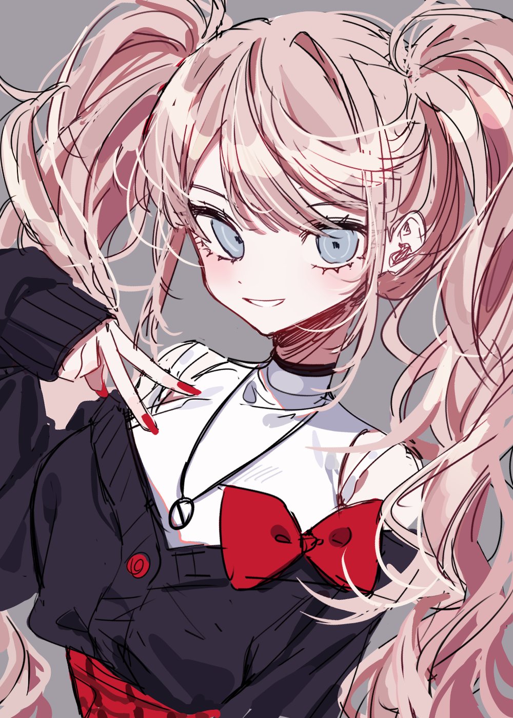 1girl 3j_dangan alternate_costume bangs blue_eyes bow danganronpa:_trigger_happy_havoc danganronpa_(series) enoshima_junko grey_background highres jewelry long_hair looking_at_viewer necklace pink_hair red_bow red_nails sketch smile solo twintails v