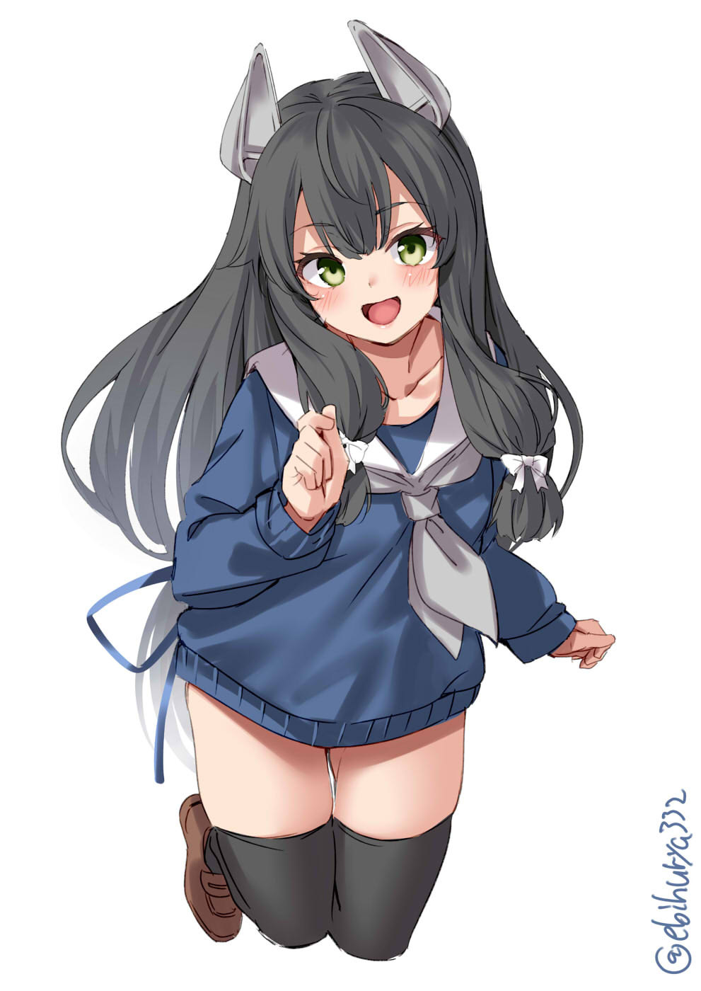 1girl black_hair black_legwear blush brown_footwear collarbone ebifurya eyebrows_visible_through_hair full_body green_eyes grey_neckwear hair_ribbon headgear highres i-47_(kancolle) kantai_collection loafers long_hair long_sleeves looking_at_viewer low-tied_long_hair neckerchief open_mouth ribbon shoes sidelocks simple_background smile solo thigh-highs tress_ribbon twitter_username white_background white_ribbon