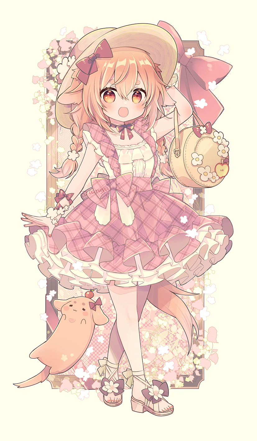 1girl :d animal animal_ears arm_up aruya_(flosrota) bag bangs blush bow brown_background brown_footwear brown_hair brown_headwear commentary_request dog dog_ears dog_girl dog_tail eyebrows_behind_hair full_body hair_between_eyes hair_bow hand_on_headwear highres nail_polish open_mouth original petticoat pink_skirt plaid plaid_skirt red_bow red_eyes sandals shirt short_eyebrows skirt sleeveless sleeveless_shirt smile solo standing suspender_skirt suspenders tail thick_eyebrows white_shirt