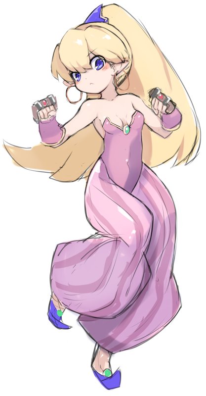 1girl bare_shoulders blonde_hair blue_eyes breasts closed_mouth earrings full_body hoop_earrings jewelry karukan_(monjya) long_hair looking_at_viewer pointy_ears ponytail primm seiken_densetsu seiken_densetsu_2 simple_background solo weapon white_background