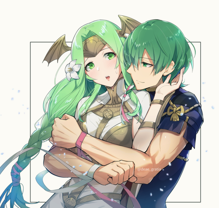 1boy 1girl armor bangs blush braid byleth_(fire_emblem) byleth_eisner_(male) cape cosplay dress fire_emblem fire_emblem:_three_houses flower grabbing grabbing_from_behind green_eyes green_hair hair_flower hair_ornament hair_ribbon hetero hug hug_from_behind long_hair open_mouth rhea_(fire_emblem) ribbon ribbon_braid seiros_(fire_emblem) short_hair smile sothis_(fire_emblem) sothis_(fire_emblem)_(cosplay) textless yomusugara_(uzo-muzo)