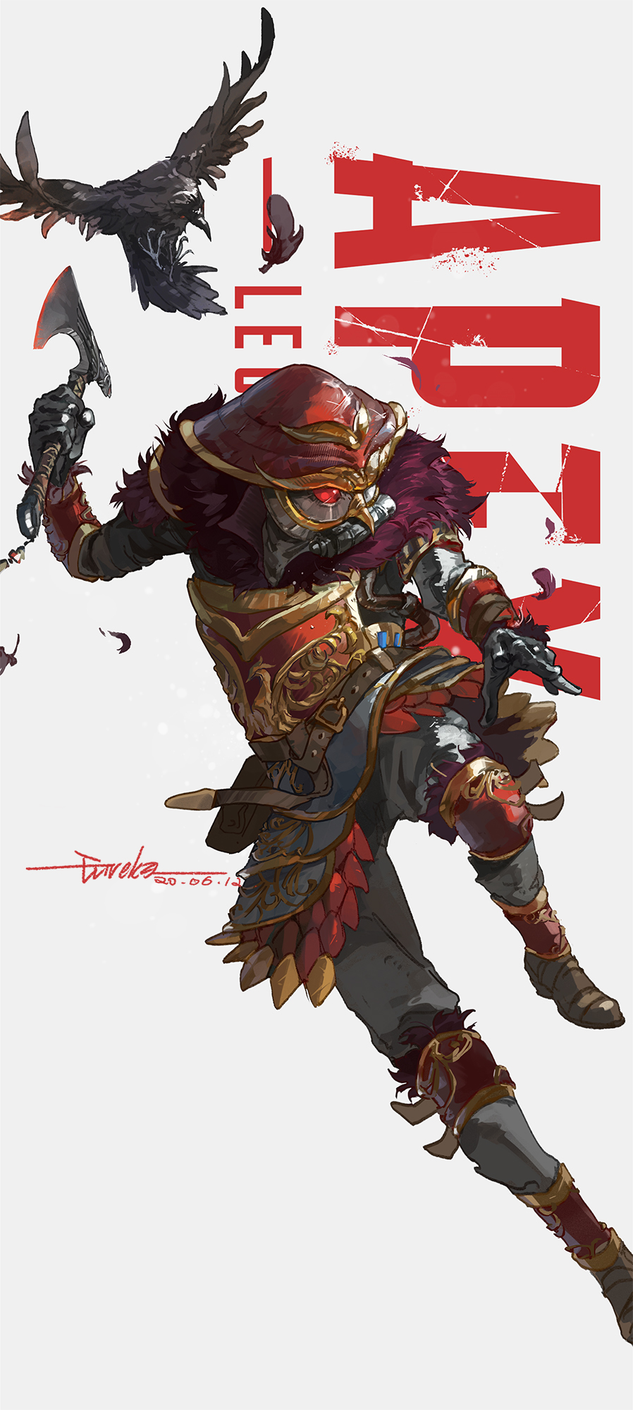 1other apex_legends armor artist_name axe bird black_gloves bloodhound_(apex_legends) boots brown_footwear copyright_name crow dated eureka1812 gloves helmet highres holding holding_axe knee_pads logo looking_down official_alternate_costume open_hand red_eyes solo
