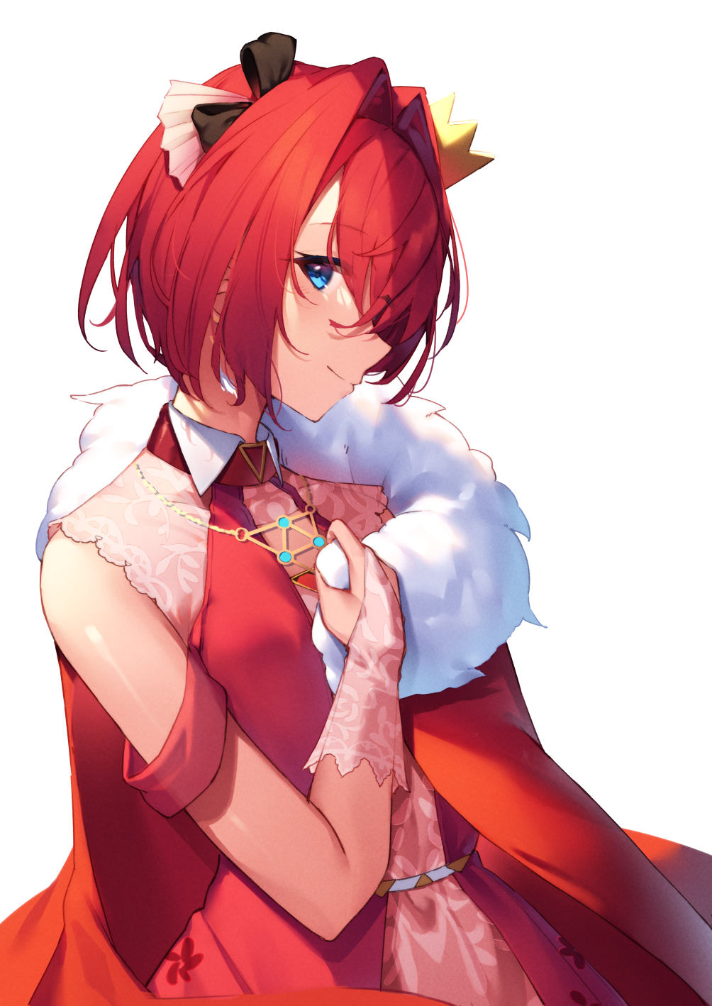 1girl ange_katrina bangs bare_shoulders blue_eyes bridal_gauntlets cloak closed_mouth commentary_request crown dress eyebrows_visible_through_hair fur-trimmed_cloak fur_trim hair_intakes hair_over_one_eye highres mini_crown nijisanji red_cloak red_dress redhead see-through simple_background sleeveless sleeveless_dress smile solo tilted_headwear virtual_youtuber white_background yuuki_nao_(pixiv10696483)