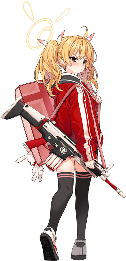 1girl ahoge assault_rifle bag bangs black_legwear blonde_hair blue_archive blush brown_eyes closed_mouth duffel_bag fn_scar from_behind grey_eyes gun gym_uniform hair_ribbon halo holding holding_gun holding_weapon jacket long_hair long_sleeves looking_back mx2j_(nsh6394) official_art red_jacket ribbon rifle sleeves_past_wrists solo strap stuffed_animal stuffed_bunny stuffed_toy thigh-highs transparent_background twintails weapon yoshimi_(blue_archive)