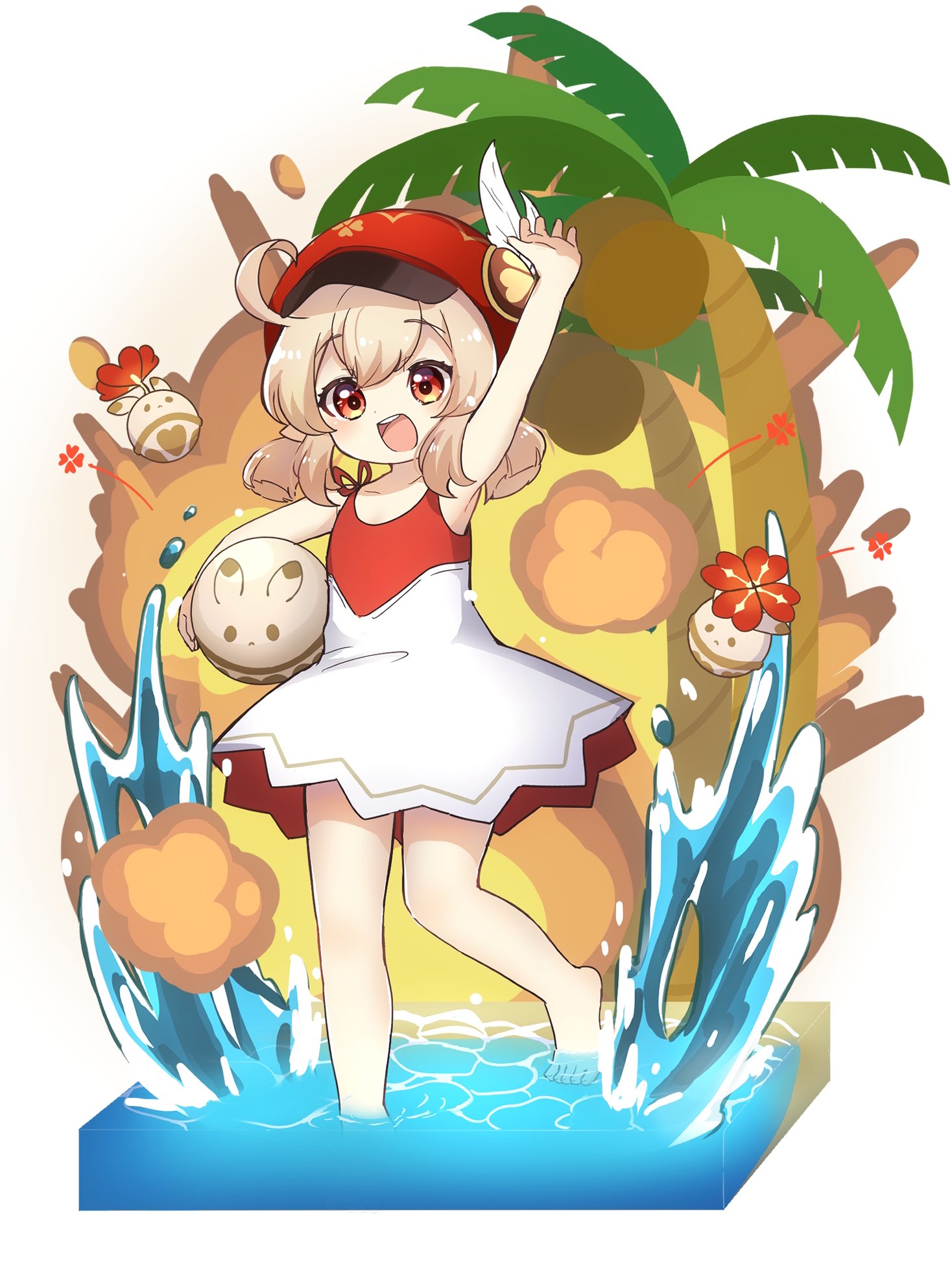 1girl :d ahoge alternate_costume armpits arms_up ball beach beachball cabbie_hat carrying casual clover_print coconut_tree collarbone commentary_request dress explosion eyebrows_visible_through_hair eyes_visible_through_hair floating floating_object genshin_impact hair_between_eyes hat hat_feather hat_ornament highres in_water jumpy_dumpty klee_(genshin_impact) light_brown_hair long_hair looking_at_viewer low_twintails nontao ocean open_mouth orange_eyes palm_tree pointy_ears sidelocks sleeveless sleeveless_dress smile solo standing standing_on_one_leg tree twintails waving