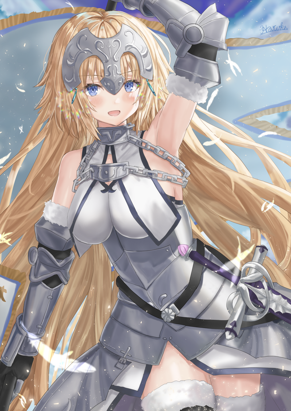 1girl :d arm_guards arm_up armor armored_dress armpits banner bare_shoulders black_gloves blonde_hair blue_eyes blush breasts chain cowboy_shot dress elbow_gloves fate/grand_order fate_(series) feathers fur-trimmed_gloves fur-trimmed_legwear fur_trim gloves highres impossible_clothes impossible_dress jeanne_d'arc_(fate) jeanne_d'arc_(fate/apocrypha) large_breasts light_particles long_hair open_mouth sakurasakimasu4 sheath sheathed signature sleeveless sleeveless_dress smile solo sword thigh-highs very_long_hair weapon white_dress white_legwear