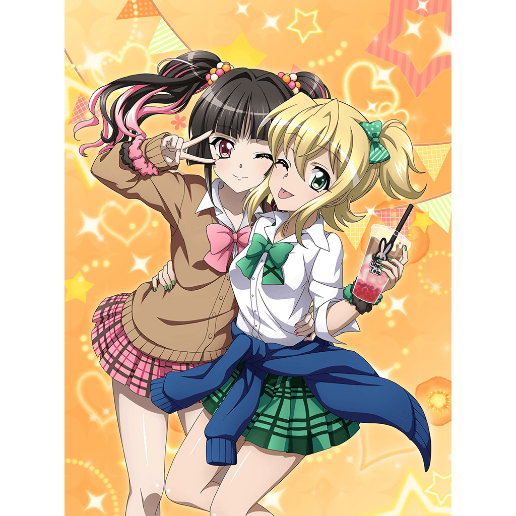 2girls akatsuki_kirika artist_request black_hair blonde_hair blush bow bowtie breasts bubble_tea closed_mouth eyebrows_visible_through_hair green_bow green_bowtie green_eyes hair_bobbles hair_bow hair_ornament hand_on_another's_waist looking_at_viewer miniskirt multiple_girls official_art one_eye_closed pink_bow pink_bowtie red_eyes school_uniform senki_zesshou_symphogear shiny shiny_hair short_hair skirt small_breasts smile standing tongue tongue_out tsukuyomi_shirabe twintails v