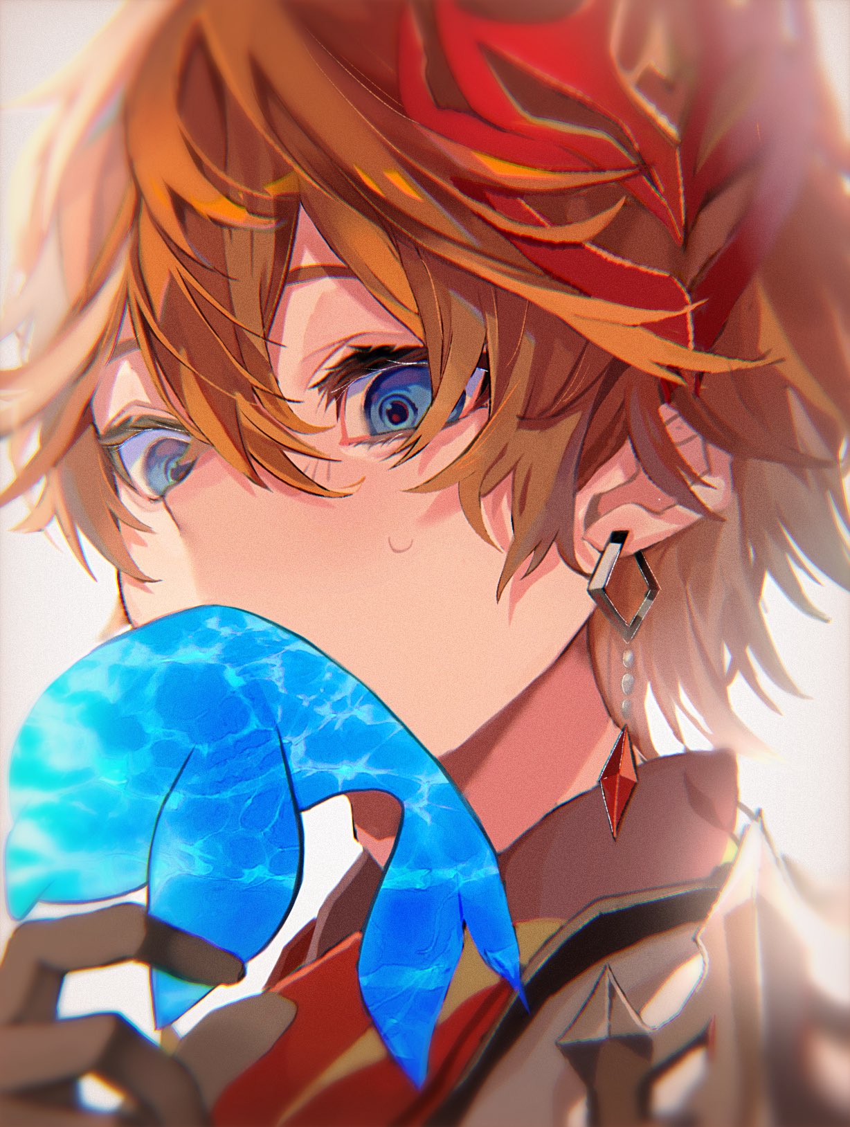 1boy bangs black_gloves blue_eyes collared_shirt covered_mouth earrings from_below genshin_impact gloves highres holding jewelry looking_down male_focus mask mask_on_head orange_hair portrait seventime_7 shirt short_hair solo sweatdrop tartaglia_(genshin_impact) whale white_background