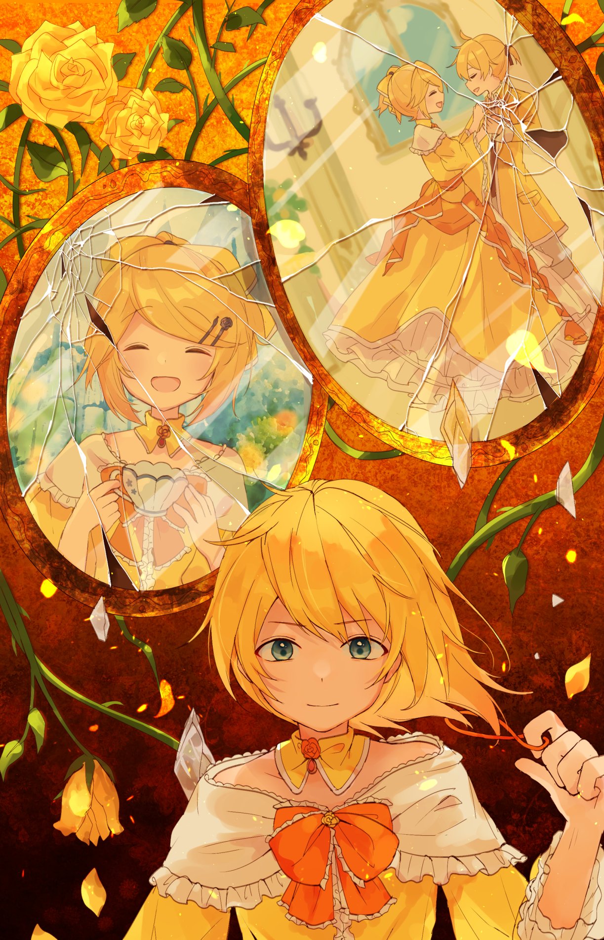 1boy 1girl aku_no_meshitsukai_(vocaloid) allen_avadonia blonde_hair bow broken_mirror brother_and_sister choker closed_eyes closed_mouth cosplay costume_switch crossdressing cup dancing dress dress_bow embers evillious_nendaiki eyes_visible_through_hair flower frilled_dress frilled_sleeves frills garden hair_bow hair_down hair_ornament_removed hair_ribbon highres holding holding_cup jacket kagamine_rin mirror open_mouth orange_background petals ribbon riliane_lucifen_d'autriche rose sazanami_(ripple1996) shards shattered short_ponytail siblings smile teacup twins updo vocaloid window yellow_dress yellow_eyes yellow_flower yellow_jacket yellow_rose