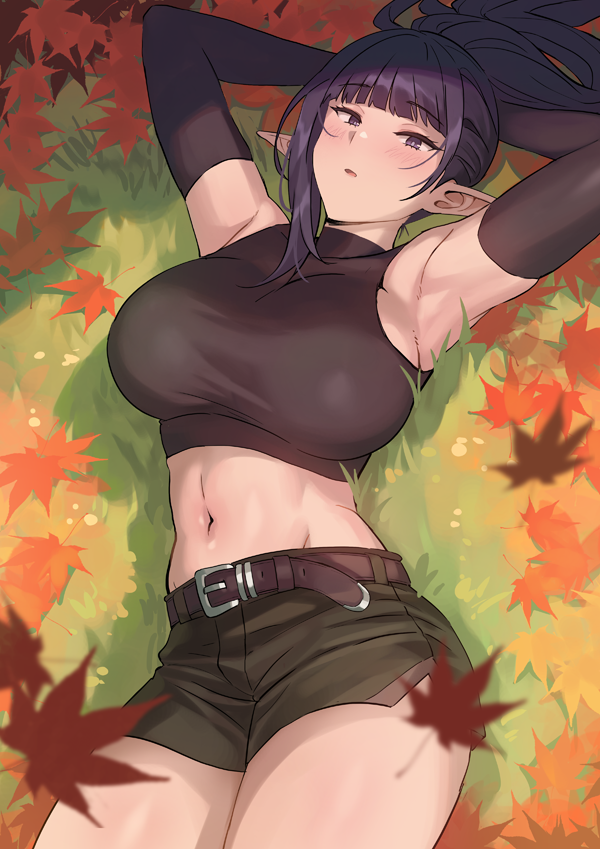 1girl :o arisa armpits arms_behind_head bangs banned_artist belt belt_buckle black_gloves blunt_bangs blush breasts bright_pupils buckle covered_collarbone cowboy_shot crop_top elbow_gloves elf eyebrows_visible_through_hair gloves kkamja large_breasts linea_alba long_hair looking_at_viewer lying navel on_back open_mouth original pointy_ears ponytail purple_hair short_shorts shorts sideboob single_sidelock thick_thighs thighs tsurime turtleneck violet_eyes