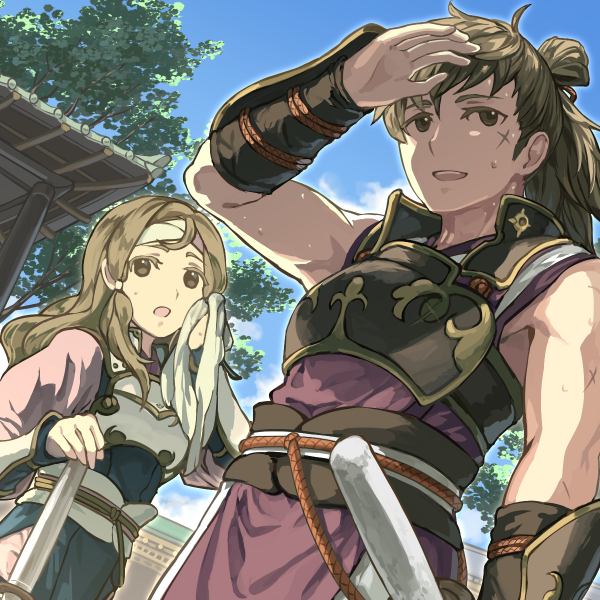 1boy 1girl architecture armor bangs black_armor blue_sky bracer breastplate brown_eyes brown_hair clouds commentary_request cross_scar dated_commentary day drying ears east_asian_architecture fire_emblem fire_emblem_fates from_below gold_trim hair_tubes hana_(fire_emblem) hand_on_forehead hand_up harusame_(rueken) headband hinata_(fire_emblem) holding holding_towel japanese_clothes katana light_brown_hair long_hair long_sleeves looking_afar looking_ahead low_ponytail open_mouth outdoors parted_bangs pink_headband ponytail rope_belt scar scar_on_arm scar_on_face shading_eyes sheath sheathed shiny shiny_hair side_slit sidelocks sky sleeveless standing sweat sword tied_hair towel tree upper_teeth weapon white_armor white_headband wiping_sweat