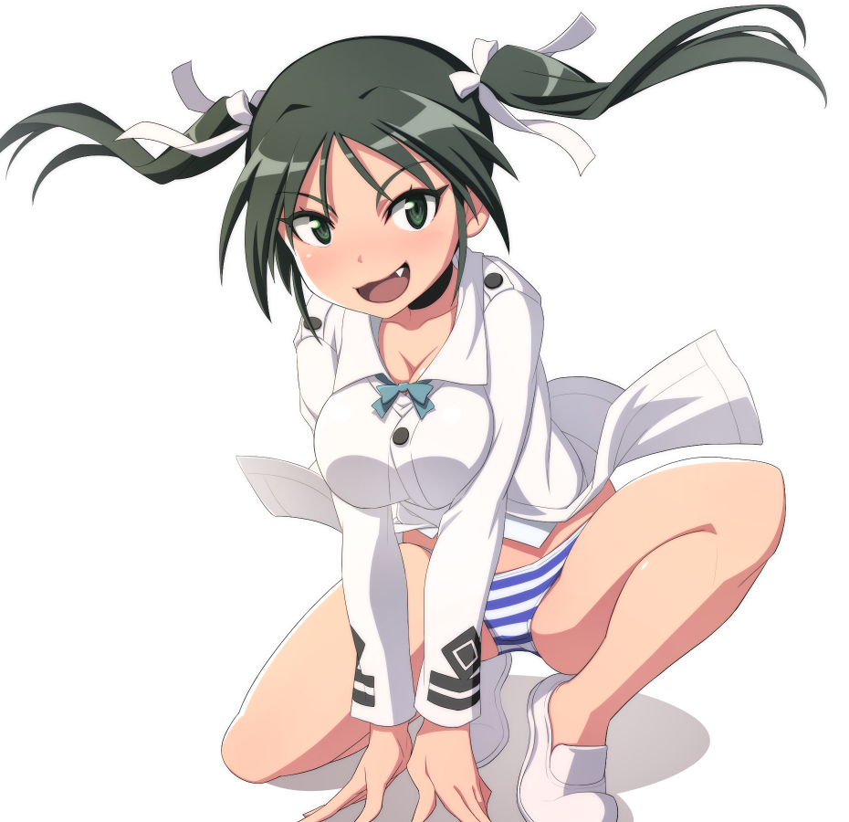 1girl alternate_breast_size bangs black_choker black_hair blue_panties choker commentary fang francesca_lucchini green_eyes jacket loafers long_sleeves looking_at_viewer medium_hair military military_uniform nanashino no_pants no_socks one_knee open_mouth panties shadow shoes simple_background smile solo strike_witches striped striped_panties twintails underwear uniform white_background white_footwear white_jacket world_witches_series