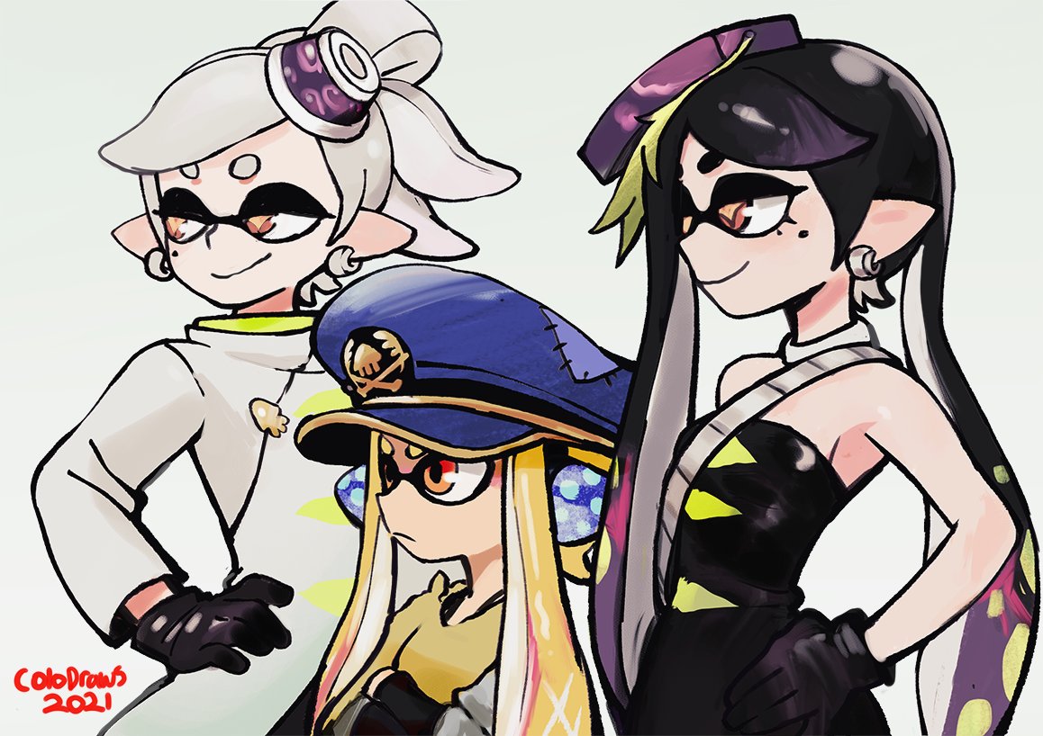 2021 3girls agent_3_(splatoon_3) armpits artist_name bangs bare_shoulders black_dress black_gloves black_hair blonde_hair blue_headwear breasts callie_(splatoon) choker closed_mouth coat colo_(nagrolaz) cowboy_shot crossed_arms dress earrings gloves gold_trim hair_ornament hair_up hand_on_hip hat jewelry light_frown long_hair long_sleeves looking_to_the_side marie_(splatoon) military_hat mole mole_under_eye multicolored_hair multiple_girls orange_eyes pointy_ears profile purple_hair sash shirt short_eyebrows short_hair short_hair_with_long_locks sidelocks simple_background small_breasts smile splatoon_(series) splatoon_3 strapless swept_bangs symbol-shaped_pupils tentacle_hair thick_eyebrows tied_hair two-tone_hair v-shaped_eyebrows very_long_hair white_background white_choker white_coat white_hair yellow_eyes yellow_shirt