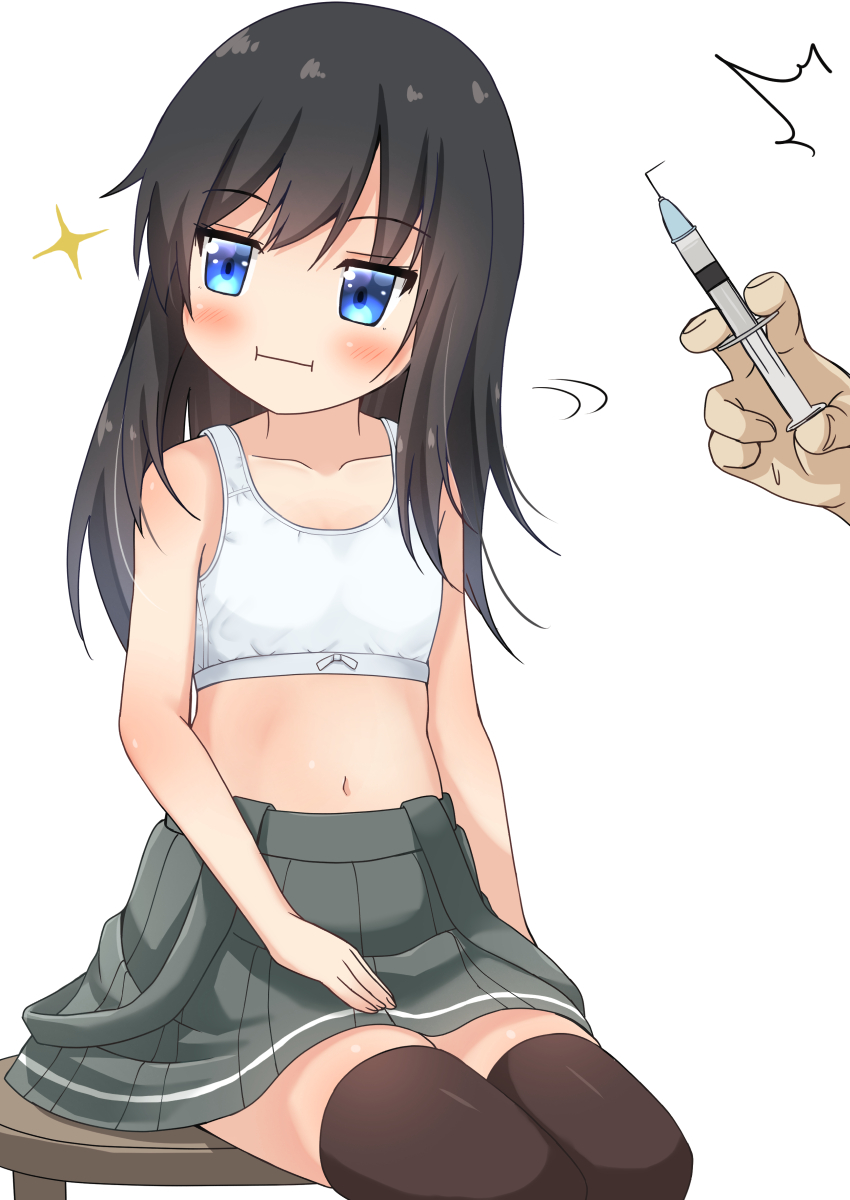 1boy 1girl asashio_(kancolle) black_hair black_legwear blue_eyes blush bra closed_mouth comiching eyebrows_visible_through_hair flat_chest grey_skirt highres holding kantai_collection long_hair navel pleated_skirt simple_background sitting skirt sparkle syringe thigh-highs underwear white_background white_bra