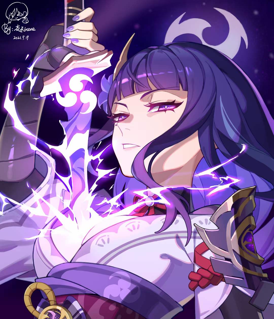 1girl bangs drawing_sword elbow_gloves electricity fingerless_gloves genshin_impact gloves glowing glowing_sword glowing_weapon hair_between_eyes hair_ornament highres holding holding_sword holding_weapon insane84699530 japanese_clothes katana kimono long_hair looking_at_viewer nail_polish open_mouth purple_hair purple_kimono purple_nails raiden_shogun sheath solo sword teeth unsheathing violet_eyes weapon