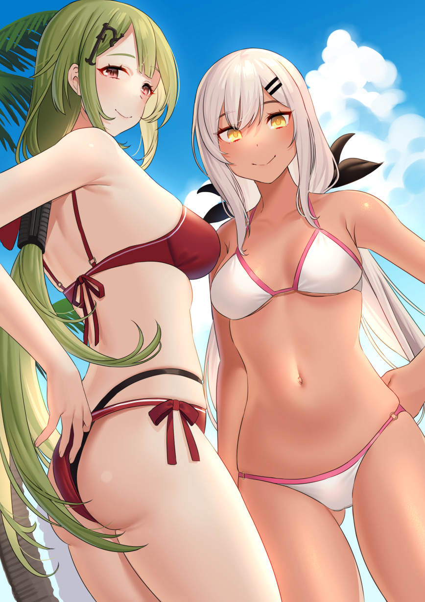 2girls adjusting_clothes adjusting_swimsuit akagi_kurage ass ass_visible_through_thighs bare_arms bare_shoulders bikini black_bikini black_ribbon blue_sky breasts closed_mouth clouds commentary_request commission dark-skinned_female dark_skin day girls_frontline green_hair grey_hair hair_ornament hair_ribbon hairclip highleg highleg_bikini highres layered_bikini long_hair low_ponytail m590_(girls'_frontline) medium_breasts mk48_(girls'_frontline) multiple_girls navel o-ring o-ring_bikini o-ring_bottom outdoors palm_tree pixiv_request ponytail red_bikini red_eyes ribbon sky smile standing swimsuit tree very_long_hair white_bikini yellow_eyes