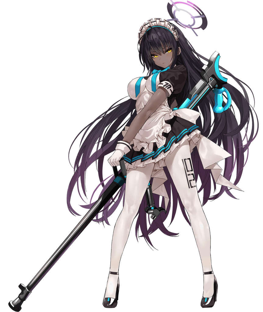 1girl anti-materiel_rifle apron bangs black_hair blue_archive bow bowtie boys_anti_tank_rifle breasts dark-skinned_female dark_skin expressions gloves gun halo handle high_heels holding holding_gun holding_weapon karin_(blue_archive) large_breasts long_hair looking_at_viewer maid maid_apron maid_headdress mx2j_(nsh6394) official_art pantyhose rifle short_sleeves skirt sniper_rifle solo transparent_background very_long_hair weapon white_apron white_gloves white_legwear yellow_eyes