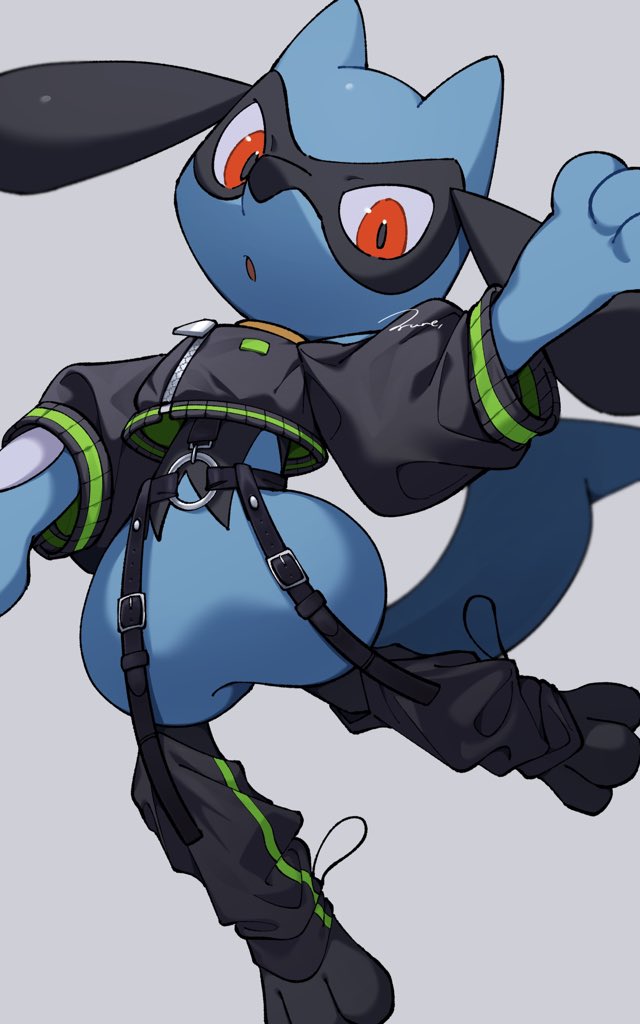 :o clothed_pokemon commentary cropped_jacket garter_straps grey_background iorune jacket looking_at_viewer no_humans open_mouth pokemon pokemon_(creature) red_eyes riolu signature simple_background solo symbol-only_commentary toes zipper zipper_pull_tab