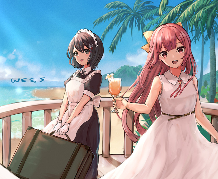 2girls alternate_costume apron artist_name beach black_dress black_hair commission cup day dress drink drinking_glass enmaided eyebrows_visible_through_hair gloves grey_eyes haguro_(kancolle) hair_between_eyes hair_ribbon holding holding_cup kamikaze_(kancolle) kantai_collection long_hair maid maid_apron maid_headdress multiple_girls ocean open_mouth palm_leaf palm_tree puffy_short_sleeves puffy_sleeves purple_hair ribbon short_hair short_sleeves skeb_commission sleeveless sleeveless_dress smile tree violet_eyes white_apron white_dress white_gloves wss_(nicoseiga19993411) yellow_ribbon