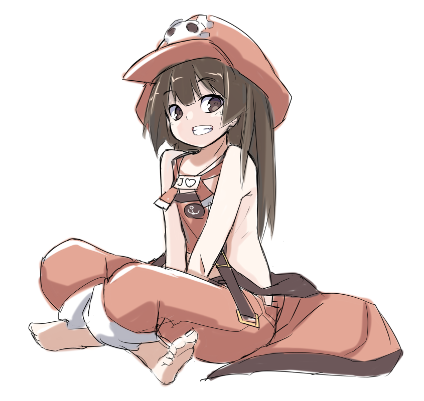 1girl barefoot brown_eyes brown_hair feet guilty_gear hat heart karukan_(monjya) long_hair looking_at_viewer may_(guilty_gear) orange_headwear pirate_hat simple_background skull_and_crossbones smile solo white_background