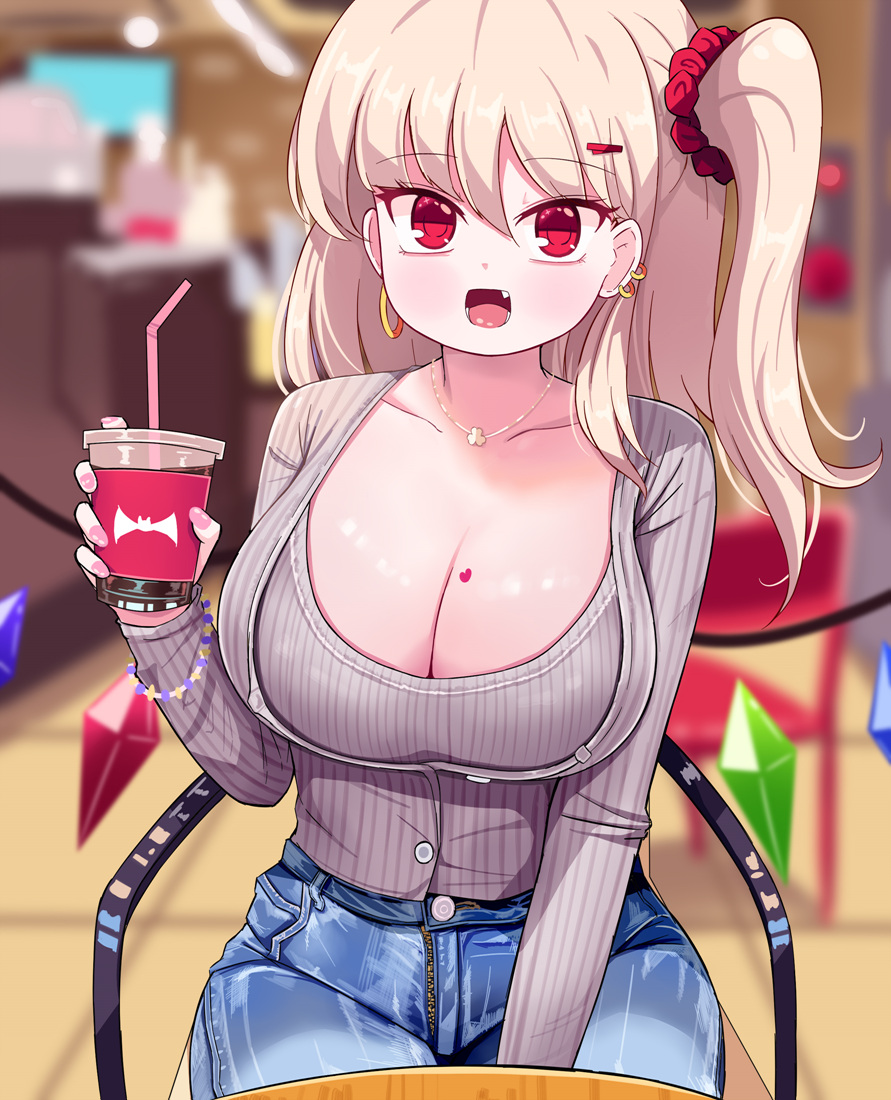 1girl animal_print bangs bat_print blonde_hair blurry blurry_background blush cafeteria casual chair clover coffee collarbone contemporary cowboy_shot crystal cup curvy denim drinking_straw earrings eyebrows_visible_through_hair fang fingernails flandre_scarlet gold hair_ornament hairclip hand_on_lap hand_up heart heart_tattoo hip_focus holding holding_cup indoors jewelry layered_shirt looking_at_viewer medium_hair necklace no_hat no_headwear open_mouth pants pendant pink_nails pov red_scrunchie ribbed_shirt scrunchie shiny shiny_hair shiny_skin shirt sitting solo sseopik table tattoo touhou unbuttoned unbuttoned_shirt wings