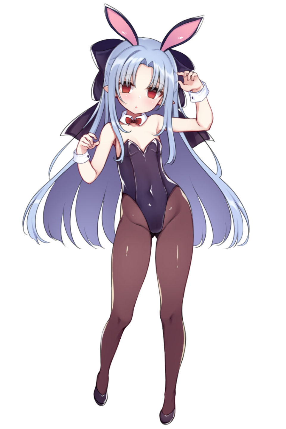 animal_ears arm_up ass_visible_through_thighs bare_shoulders black_leotard blue_hair blush bow bowtie breasts brown_legwear covered_navel detached_collar hair_bow highleg highleg_leotard highres len_(tsukihime) leotard long_hair looking_at_viewer melty_blood pantyhose playboy_bunny pointy_ears rabbit_ears red_bow red_eyes red_neckwear simple_background small_breasts strapless strapless_leotard tsukihime wrist_cuffs yako