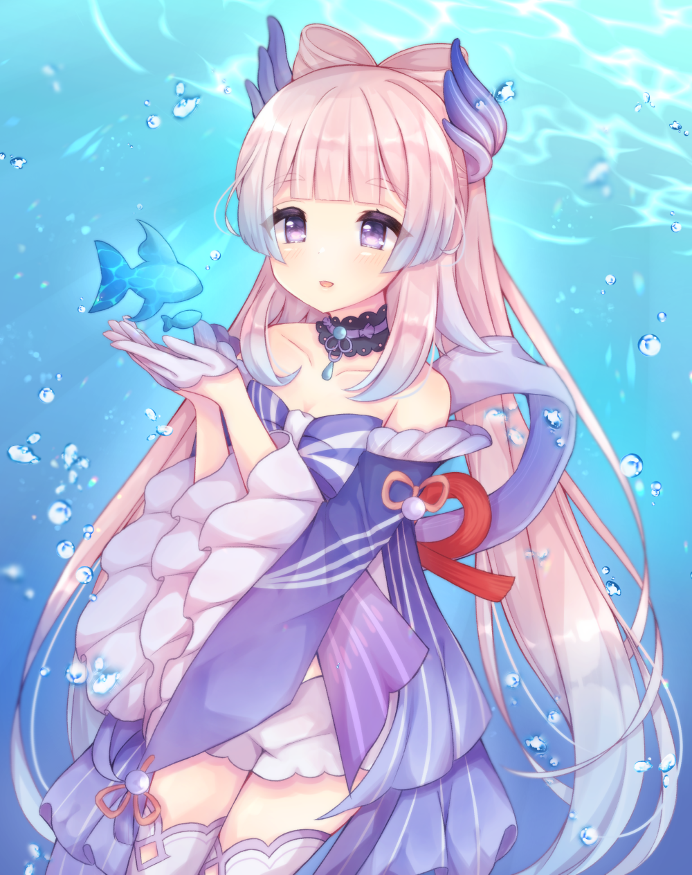 1girl air_bubble bare_shoulders blue_bow blue_hair bow bubble caramel_(caramelmilk) commentary_request fish genshin_impact gloves gradient_hair half_gloves hands_up highres long_hair long_sleeves multicolored_hair parted_lips pink_hair short_shorts shorts smile solo thigh-highs underwater very_long_hair violet_eyes water white_gloves white_legwear white_shorts wide_sleeves