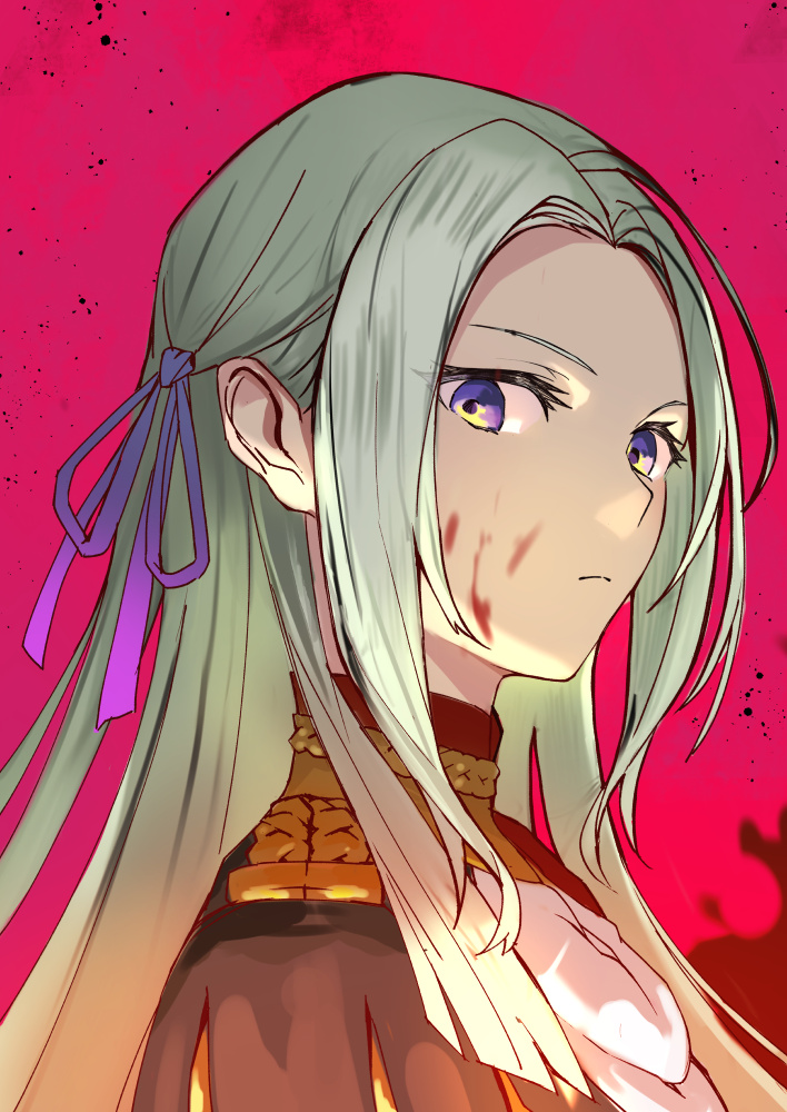 1girl blood blood_on_face blood_splatter closed_mouth edelgard_von_hresvelg epaulettes fire_emblem fire_emblem:_three_houses from_side green_hair hair_ribbon kagawa_ichigo long_hair looking_at_viewer looking_to_the_side military military_uniform purple_ribbon red-framed_eyewear ribbon simple_background solo uniform violet_eyes wide-eyed