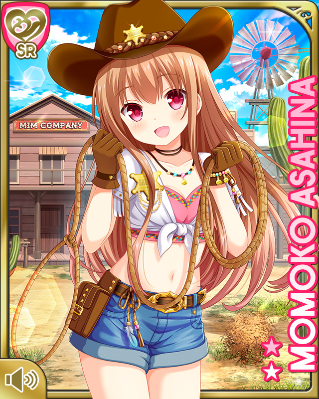 1girl asahina_momoko belt brown_gloves brown_hair brown_headwear building character_name clenched_hands cowboy_hat crop_top denim denim_shorts girlfriend_(kari) gloves hat lasso long_hair midriff navel official_art open_mouth outdoors pink_shirt pouch qp:flapper red_eyes rope sheriff_badge shirt short_shorts shorts smile solo white_shirt windmill