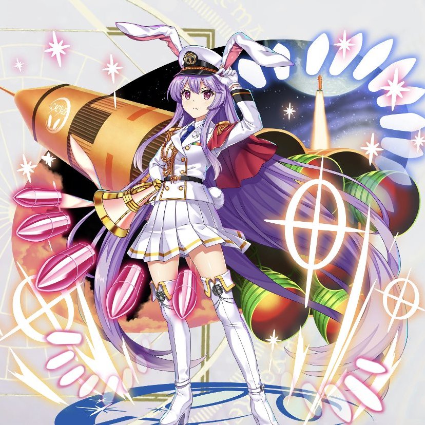1girl aiguillette animal_ears arm_up bangs blue_neckwear boots bullet buttons closed_mouth collared_shirt crescent crescent_pin english_commentary epaulettes full_body galaxy gloves gold_trim gun hat high_heel_boots high_heels holding holding_gun holding_weapon light_purple_hair long_hair long_sleeves looking_at_viewer lunatic_gun military military_hat military_uniform miniskirt necktie official_art rabbit_ears rabbit_tail reisen_udongein_inaba shirt skirt solo space space_craft standing tail thigh-highs thigh_boots third-party_source touhou touhou_lost_word uniform v-shaped_eyebrows weapon white_footwear white_gloves white_shirt white_skirt wing_collar