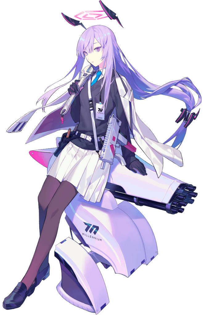 1girl blue_archive drone floating floating_object gloves gun headgear jacket jacket_on_shoulders long_hair low-tied_long_hair mac-10 official_art pantyhose purple_hair school_uniform shoes skirt solo submachine_gun transparent_background utaha_(blue_archive) very_long_hair violet_eyes weapon wrench yamakawa