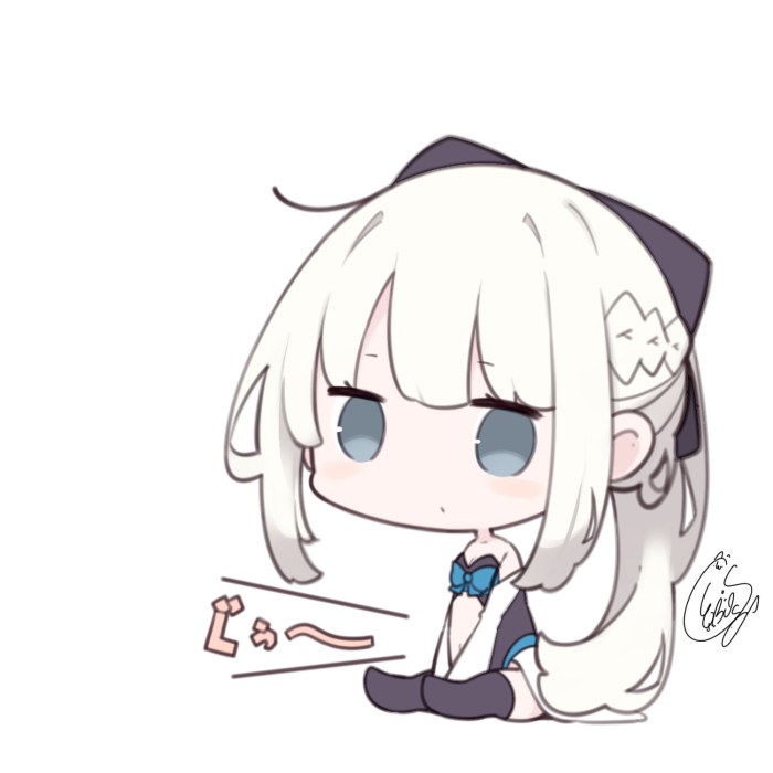1girl bangs bare_shoulders beni_shake black_bow black_leotard blue_bow blush bow braid chibi closed_mouth commentary_request detached_sleeves eyebrows_visible_through_hair fate/grand_order fate_(series) full_body grey_hair hair_bow hungry leotard long_hair long_sleeves looking_at_viewer morgan_le_fay_(fate) ponytail signature simple_background sitting solo stomach_growling strapless strapless_leotard very_long_hair white_background white_hair white_sleeves
