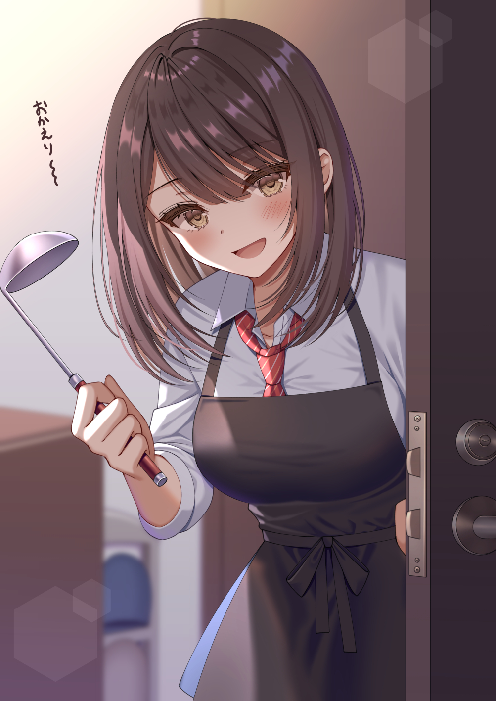 1girl apron bangs black_apron blue_shirt blurry blurry_background blush bob_cut brown_eyes brown_hair collared_shirt commentary_request door dress_shirt eyebrows_visible_through_hair hand_up highres holding holding_ladle indoors izumo_neru ladle long_sleeves looking_at_viewer medium_hair necktie open_mouth original red_neckwear shirt smile solo standing translated