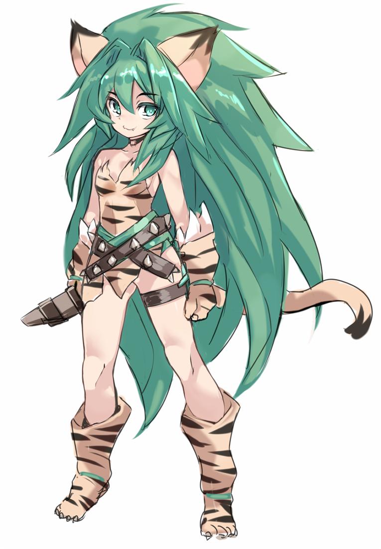 1girl animal_ears animal_hands animal_print boomerang breasts cat_ears cham_cham closed_mouth gloves green_eyes green_hair karukan_(monjya) long_hair looking_at_viewer paw_gloves paw_shoes samurai_spirits shoes simple_background small_breasts smile solo tiger_print white_background