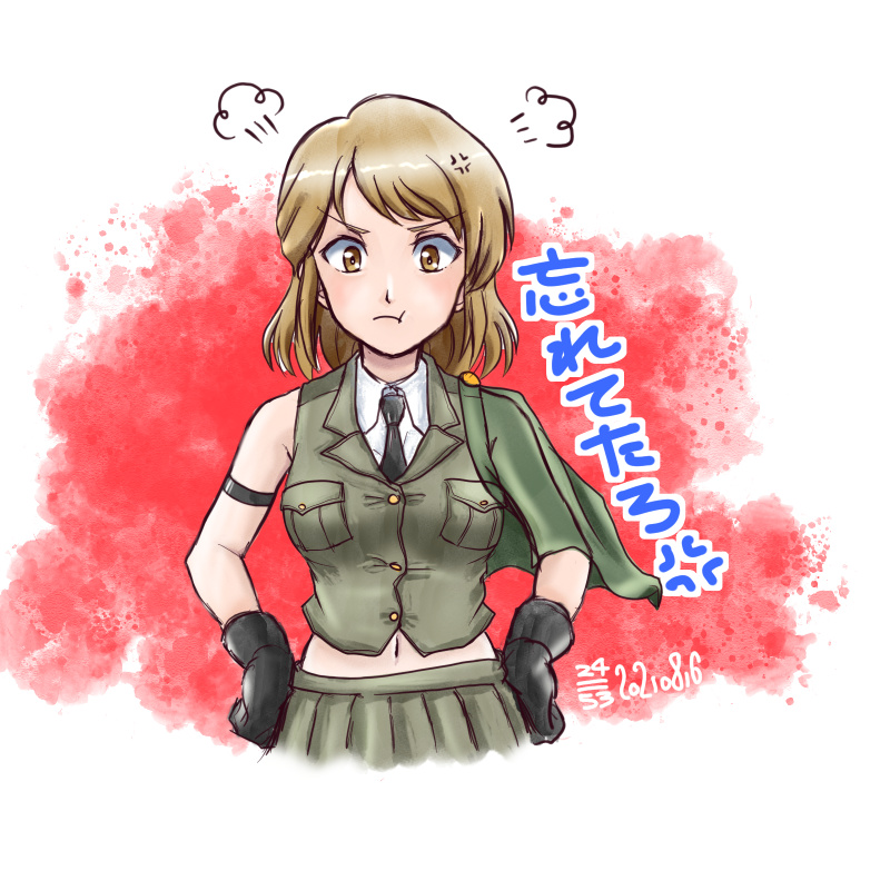 1girl :t =3 anger_vein black_gloves black_neckwear blonde_hair blush character_request collared_shirt cowboy_shot girls_und_panzer gloves green_vest hands_on_hips midriff navel nishi_itsumi shirt sleeveless solo vest white_background yellow_eyes