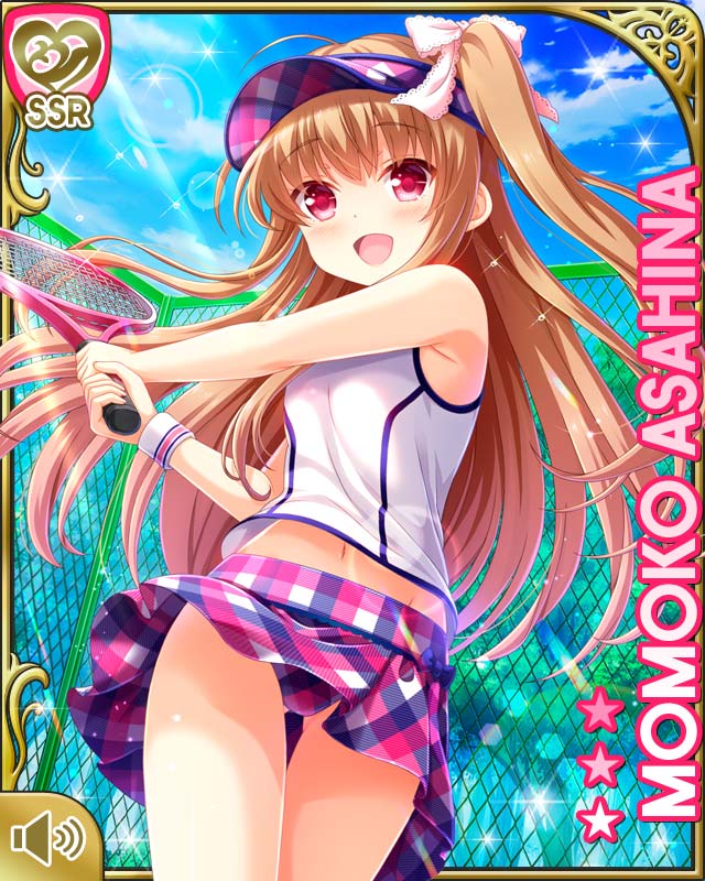 1girl asahina_momoko ass_visible_through_thighs brown_hair chain-link_fence character_name clouds fence girlfriend_(kari) long_hair miniskirt navel official_art open_mouth outdoors panties pantyshot plaid plaid_panties plaid_skirt qp:flapper racket red_eyes ribbon side_ponytail skirt sky smile solo tank_top tennis tennis_racket thigh_gap thighs underwear visor_cap white_tank_top wind wind_lift wristband