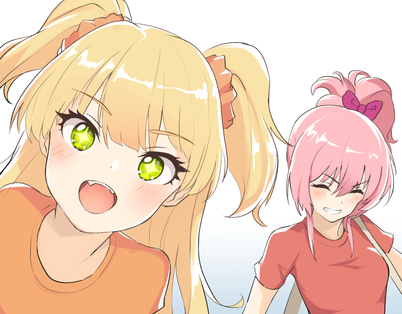 +_+ 2girls :d blonde_hair blush bow fang green_eyes grin hair_bow hair_ornament hair_scrunchie idolmaster idolmaster_cinderella_girls jougasaki_mika jougasaki_rika kagawa_ichigo looking_at_viewer multiple_girls open_mouth orange_shirt pink_bow pink_hair red_shirt scrunchie shirt siblings side_ponytail simple_background sisters smile two_side_up white_background