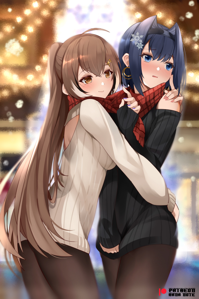 2girls bangs black_hairband black_sweater blue_hair blurry blurry_background blush breasts brown_eyes brown_hair brown_legwear closed_mouth commentary earrings eyebrows_visible_through_hair hair_between_eyes hair_intakes hair_ornament hairband hand_on_another's_shoulder hololive hololive_english jewelry kananote large_breasts long_hair long_sleeves multicolored_hair multiple_girls nail_polish nanashi_mumei ouro_kronii pantyhose parted_lips pink_nails ponytail purple_nails red_scarf scarf shared_scarf short_hair smile snowflake_hair_ornament streaked_hair sweater very_long_hair white_sweater yuri