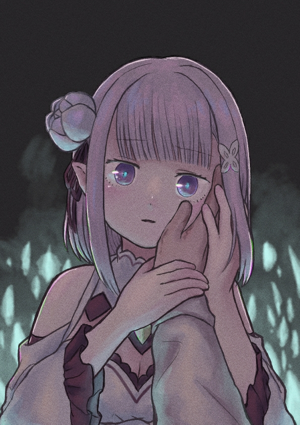 crystal detached_sleeves emilia_(re:zero) eyebrows_visible_through_hair flower frills gem hair_flower hair_ornament hand_on_another's_cheek hand_on_another's_face kotarou_(kotakota_ee) long_sleeves looking_at_viewer natsuki_subaru re:zero_kara_hajimeru_isekai_seikatsu ribbon rose short_hair silver_hair solo_focus violet_eyes white_flower white_rose